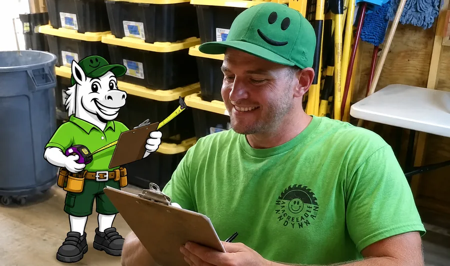 Ed and the AAAgreeable Handyman mascot reviewing plans for an in-home assessment
